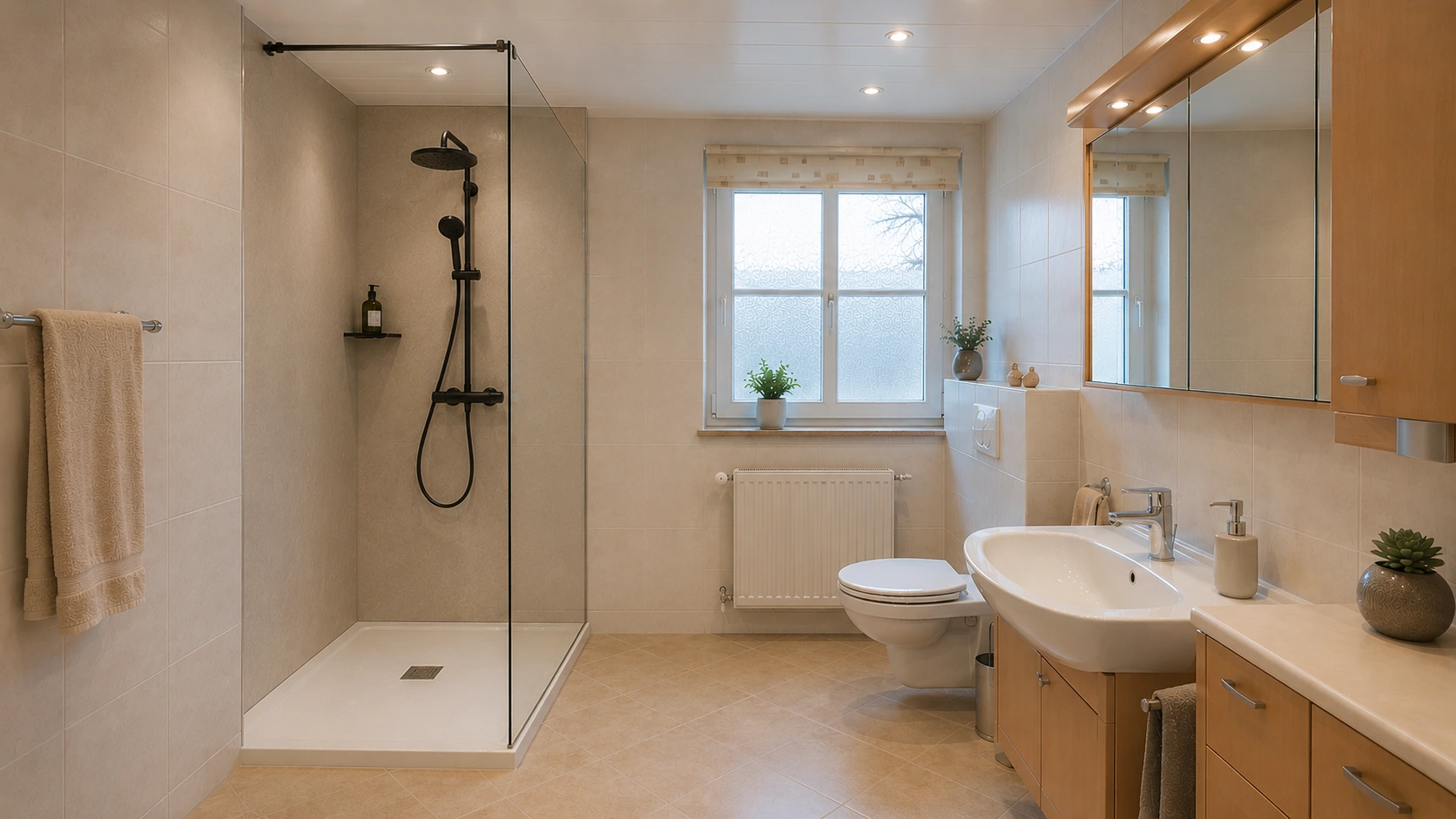 Neues Bad mit moderner Dusche nach der Sanierung