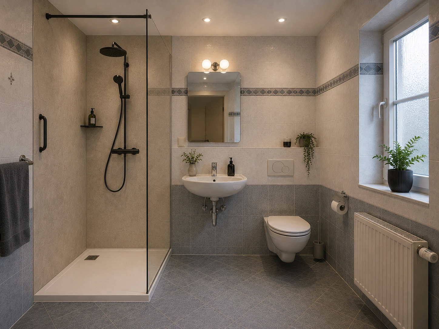Neue Dusche mit flacher Duschtasse nach der Sanierung
